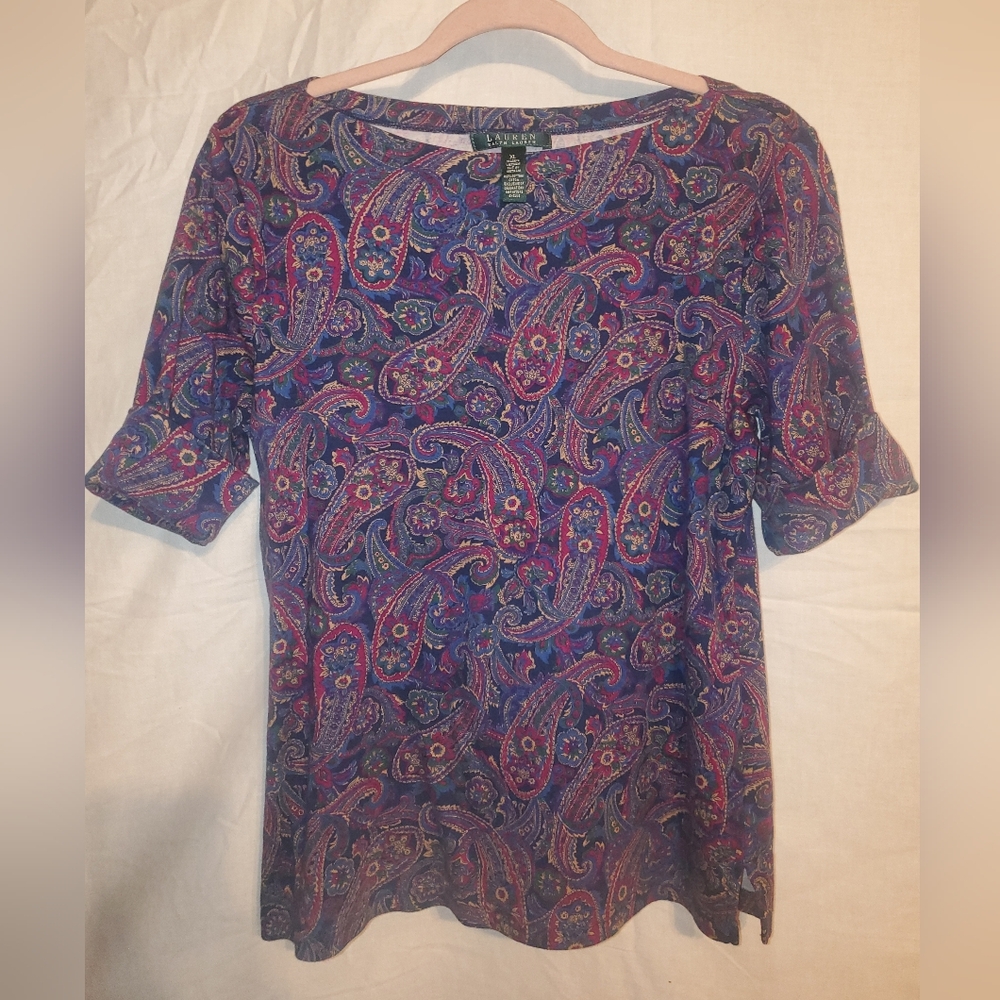 Lauren Ralph Lauren Paisley Boatneck Top Cuffed Short Sleeve
